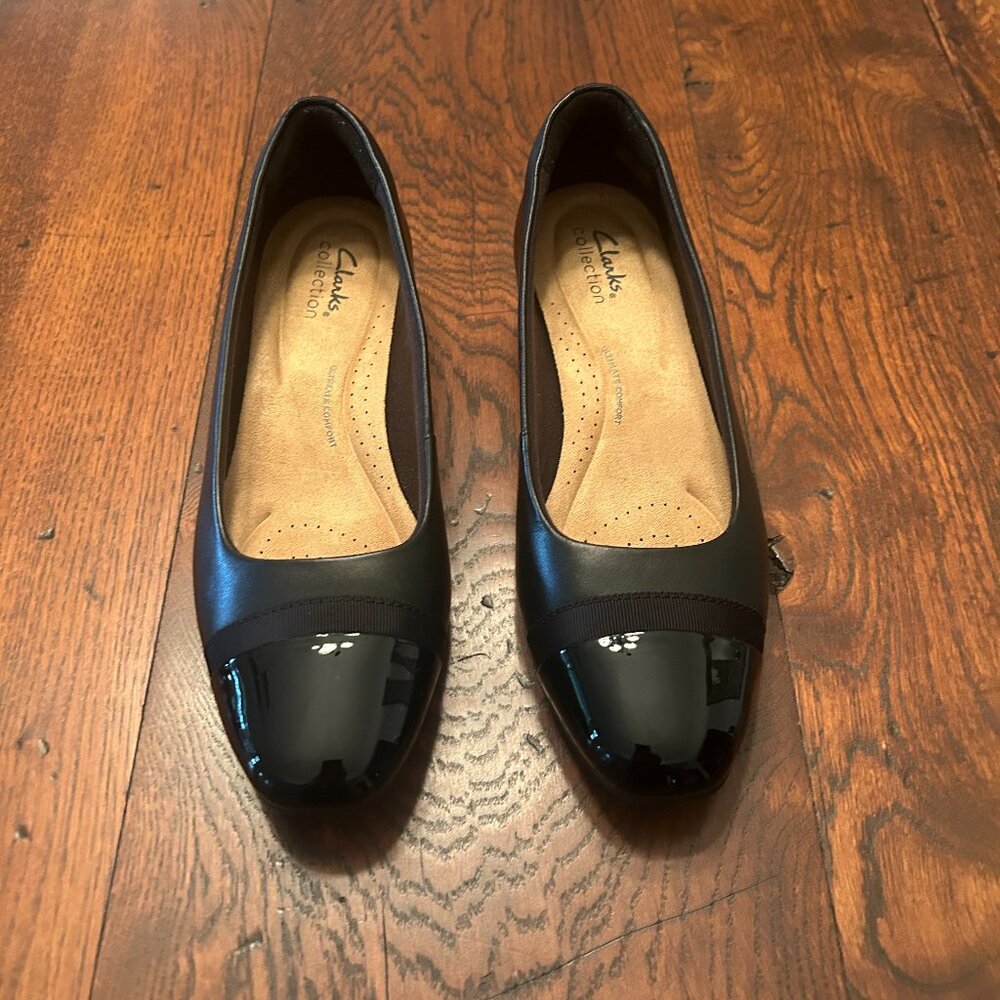 Clarks black leather and patent shoes